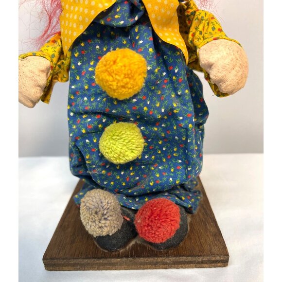 Vintage Paper Mache Face 11” Boy Clown With Red Hair Pom Pom On Wood Stand - Picture 3 of 5
